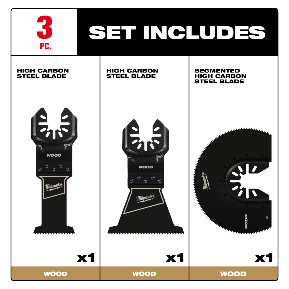Milwaukee 49-10-9004 OPEN-LOK 3pc Universal Fit High Carbon Steel Wood Cutting Multi-Tool Oscillating Blade Set