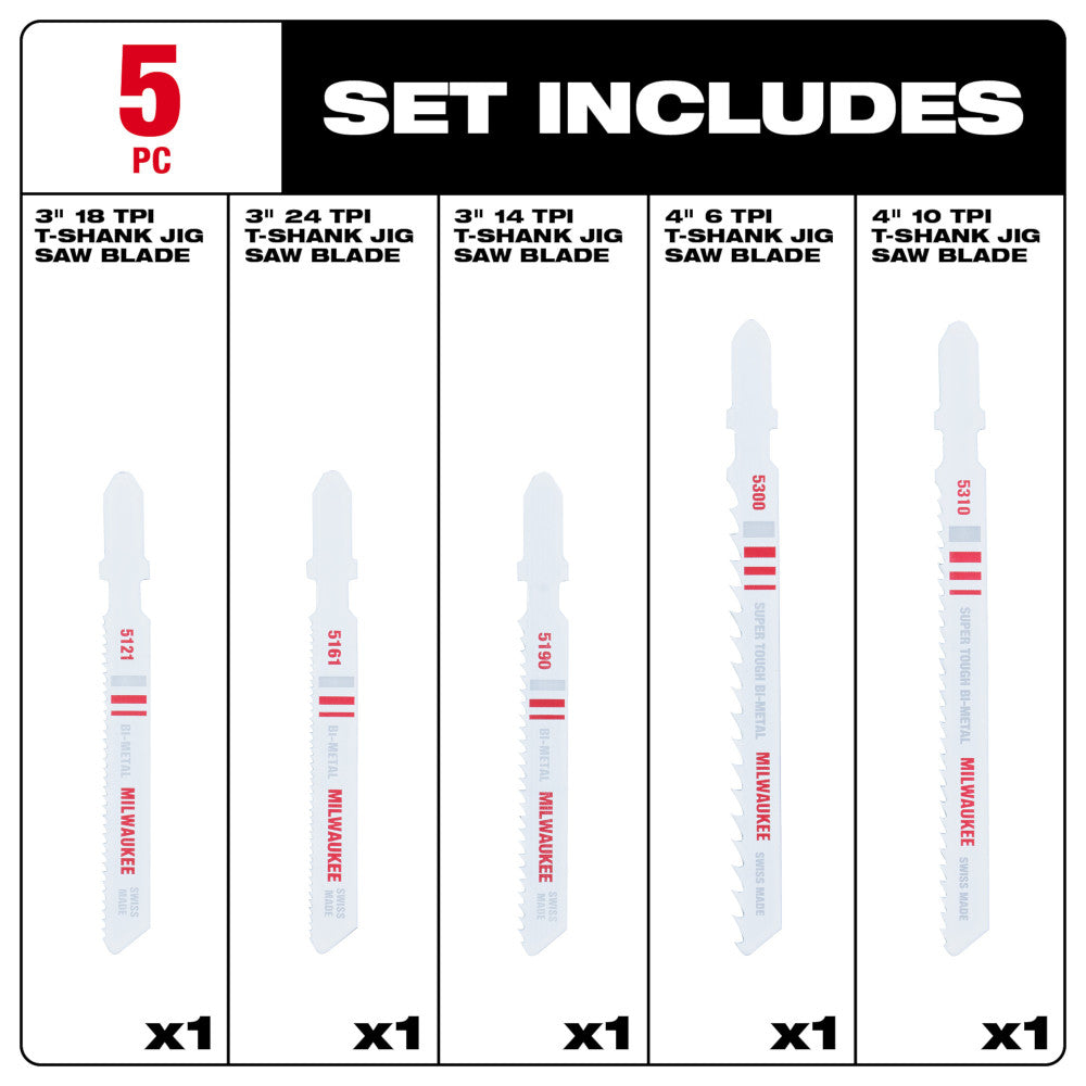 Milwaukee 49-22-1178 5pc T-Shank Bi-Metal Jig Saw Blade Set