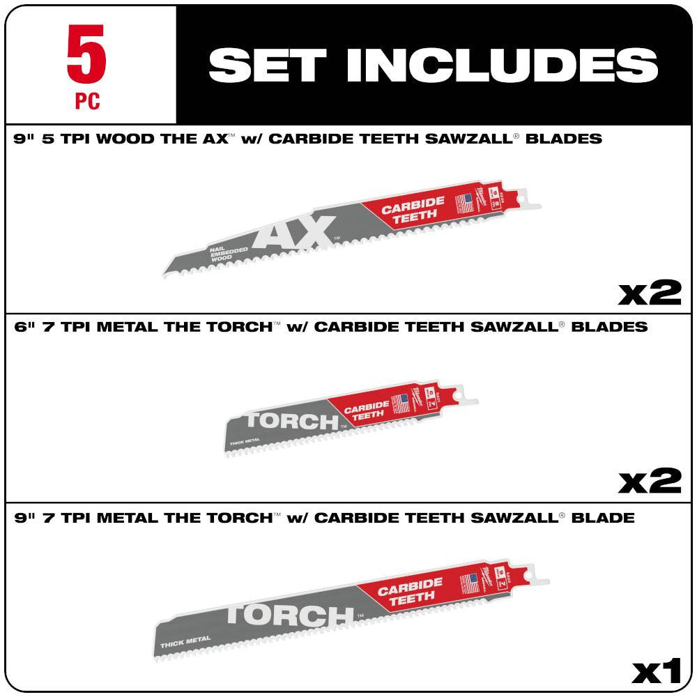 Milwaukee 49-22-5505 5pc SAWZALL Carbide Demolition Wood and Metal Cutting Reciprocating Saw Blade Set