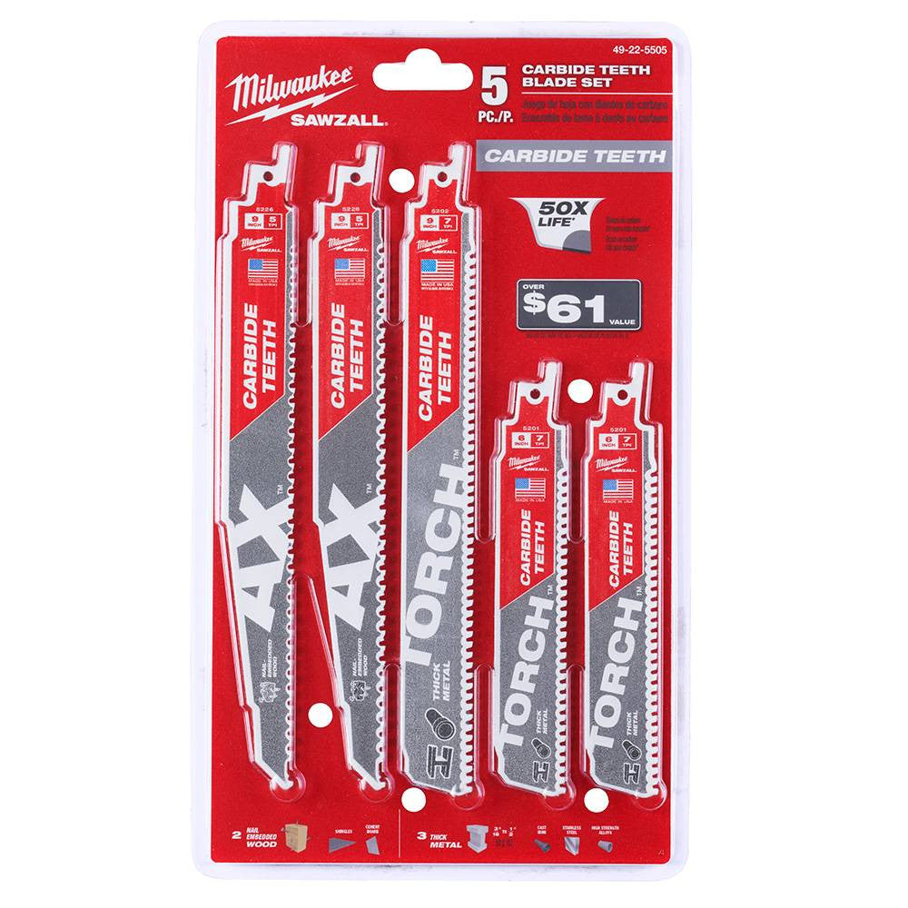 Milwaukee 49-22-5505 5pc SAWZALL Carbide Demolition Wood and Metal Cutting Reciprocating Saw Blade Set