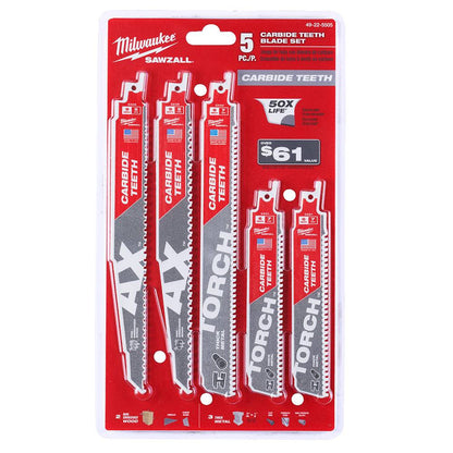 Milwaukee 49-22-5505 5pc SAWZALL Carbide Demolition Wood and Metal Cutting Reciprocating Saw Blade Set