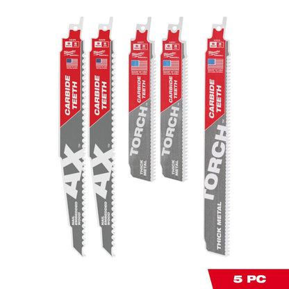 Milwaukee 49-22-5505 5pc SAWZALL Carbide Demolition Wood and Metal Cutting Reciprocating Saw Blade Set