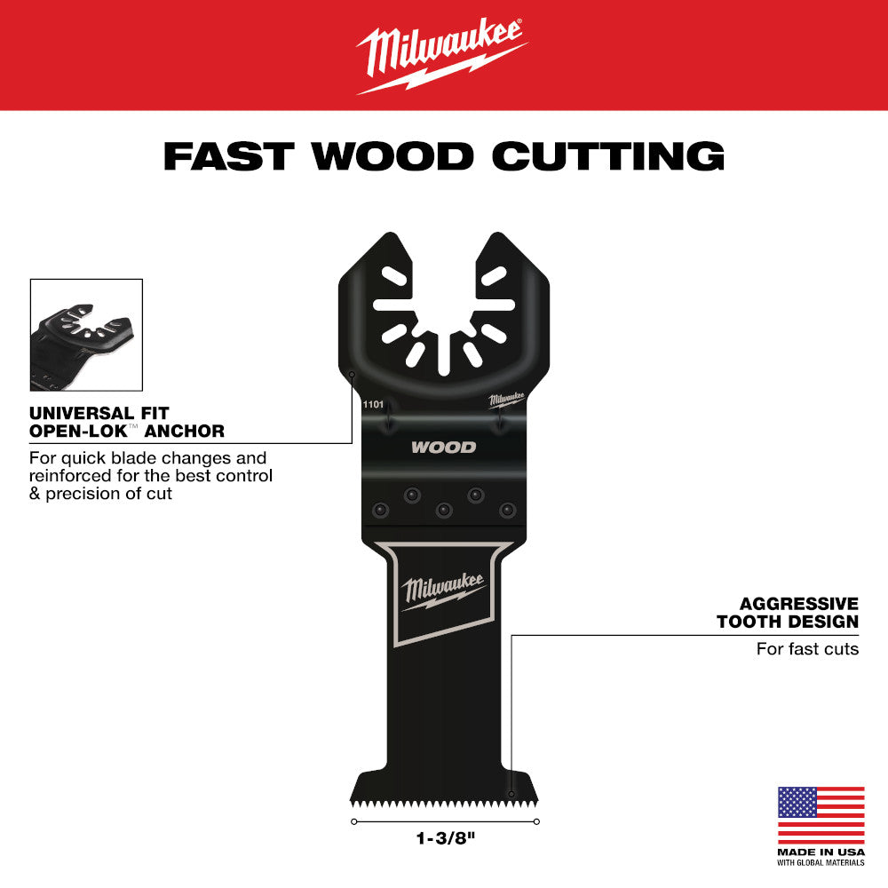 Milwaukee 49-25-1101 OPEN-LOK 1-3/8in Universal Fit High Carbon Steel Wood Cutting Multi-Tool Oscillating Blade