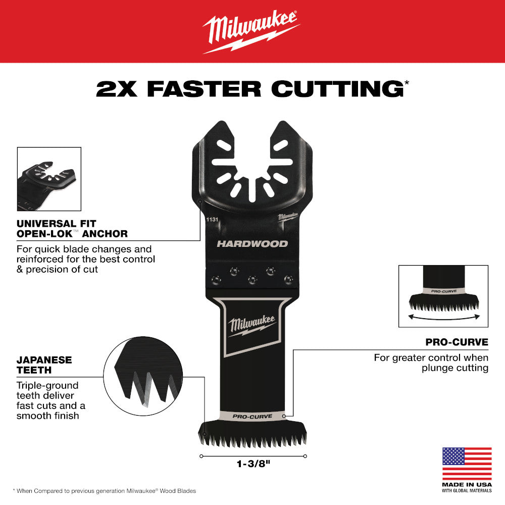 Milwaukee 49-25-1131 OPEN-LOK 1-3/8in Universal Fit HCS Japanese Teeth Hardwood Cutting Multi-Tool Oscillating Blade