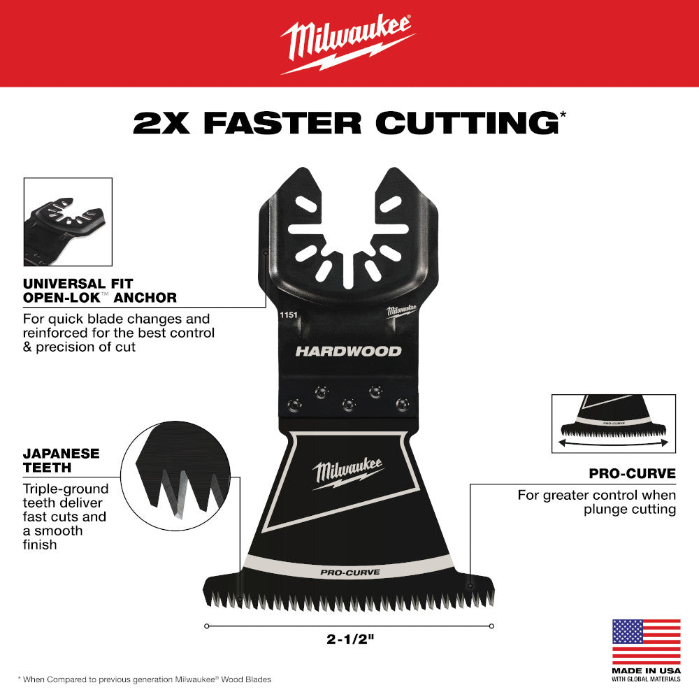 Milwaukee 49-25-1151 OPEN-LOK 2-1/2in Universal Fit HCS Japanese Teeth Hardwood Cutting Multi-Tool Oscillating Blade