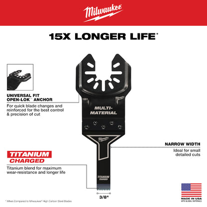 Milwaukee 49-25-1201 OPEN-LOK 3/8in Universal Fit Titanium Enhanced Bi-Metal Multi-Material Cutting Multi-Tool Oscillating Blade