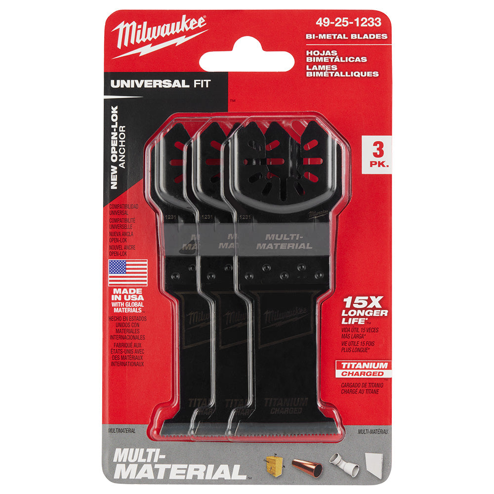 Milwaukee 49-25-1233 OPEN-LOK 1-3/8in Universal Fit Titanium Enhanced Bi-Metal Multi-Material Cutting Multi-Tool Oscillating Blades - 3pk