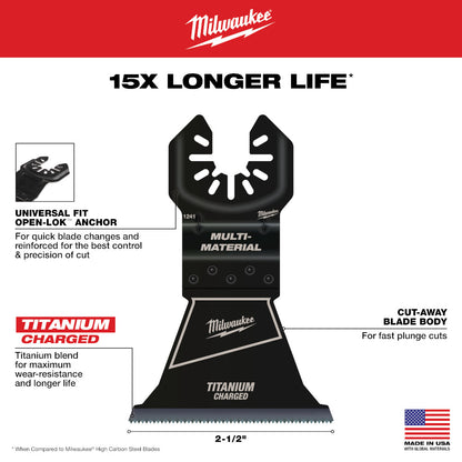 Milwaukee 49-25-1243 OPEN-LOK 2-1/2in Universal Fit Titanium Enhanced Bi-Metal Multi-Material Cutting Multi-Tool Oscillating Blades - 3pk