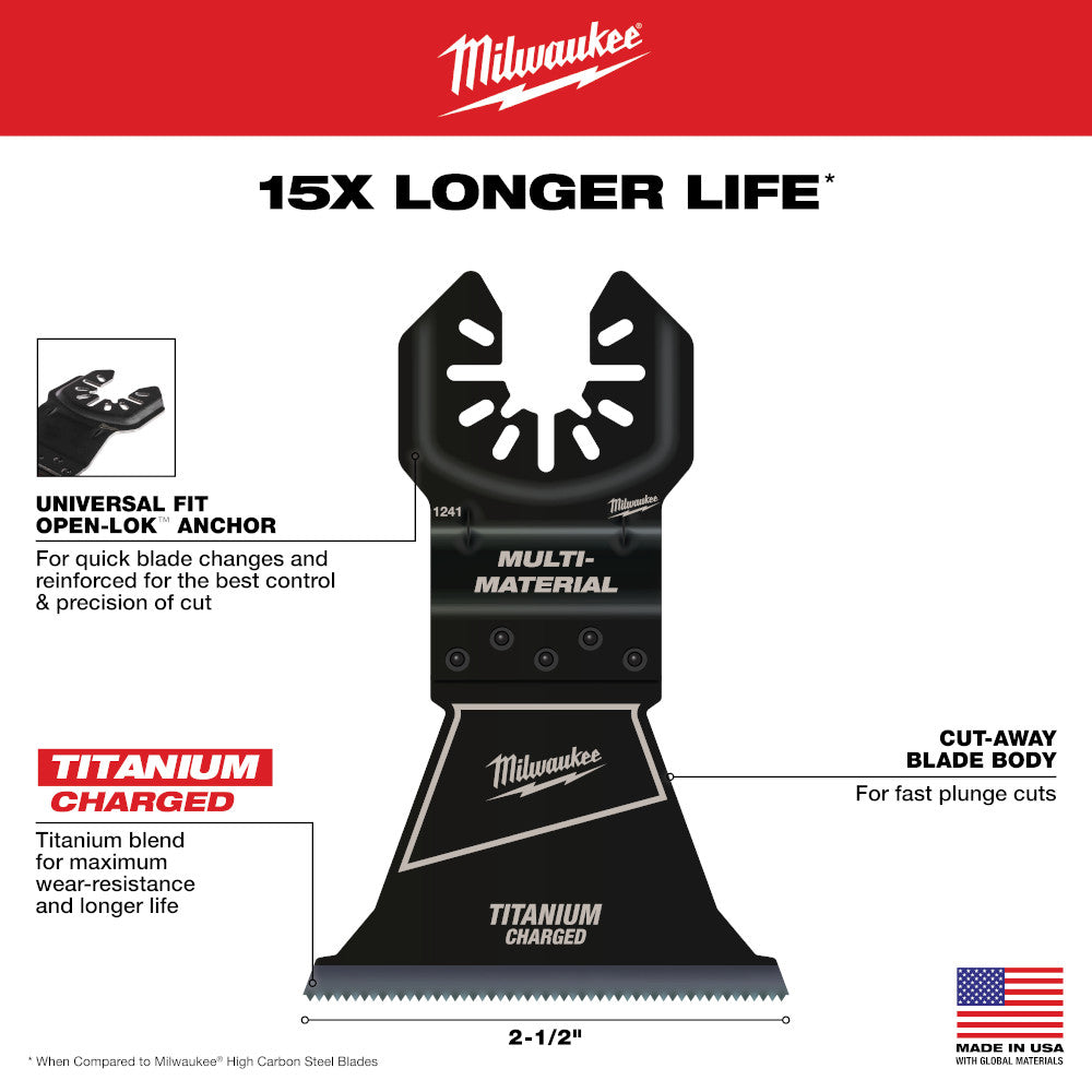 Milwaukee 49-25-1241 OPEN-LOK 2-1/2in Universal Fit Titanium Enhanced Bi-Metal Multi-Material Cutting Multi-Tool Oscillating Blade