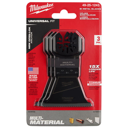 Milwaukee 49-25-1243 OPEN-LOK 2-1/2in Universal Fit Titanium Enhanced Bi-Metal Multi-Material Cutting Multi-Tool Oscillating Blades - 3pk