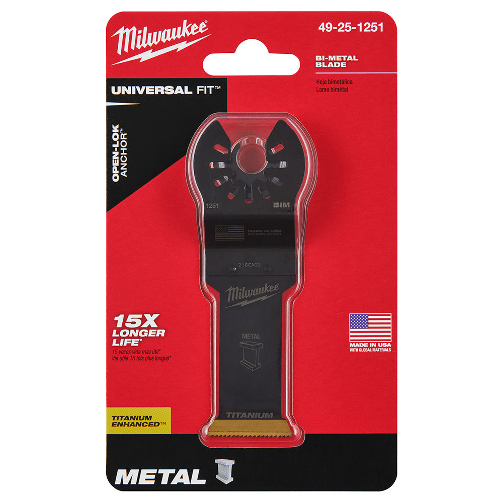 Milwaukee 49-25-1251 OPEN-LOK 1-1/8in Universal Fit Titanium Enhanced Bi-Metal Metal Cutting Multi-Tool Oscillating Blade