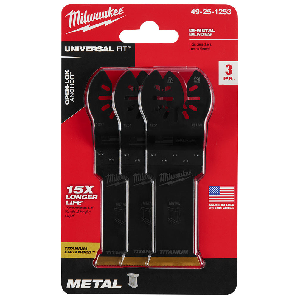 Milwaukee 49-25-1253 OPEN-LOK 1-1/8in Universal Fit Titanium Enhanced Bi-Metal Metal Cutting Multi-Tool Oscillating Blades - 3pk