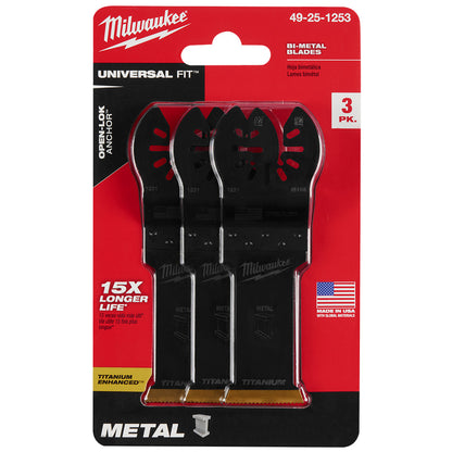 Milwaukee 49-25-1253 OPEN-LOK 1-1/8in Universal Fit Titanium Enhanced Bi-Metal Metal Cutting Multi-Tool Oscillating Blades - 3pk