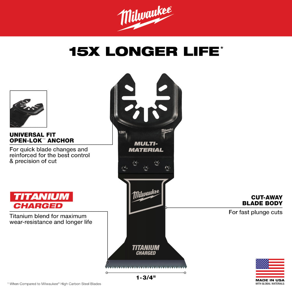 Milwaukee 49-25-1263 OPEN-LOK 1-3/4in Universal Fit Titanium Enhanced Bi-Metal Metal Cutting Multi-Tool Oscillating Blades - 3pk