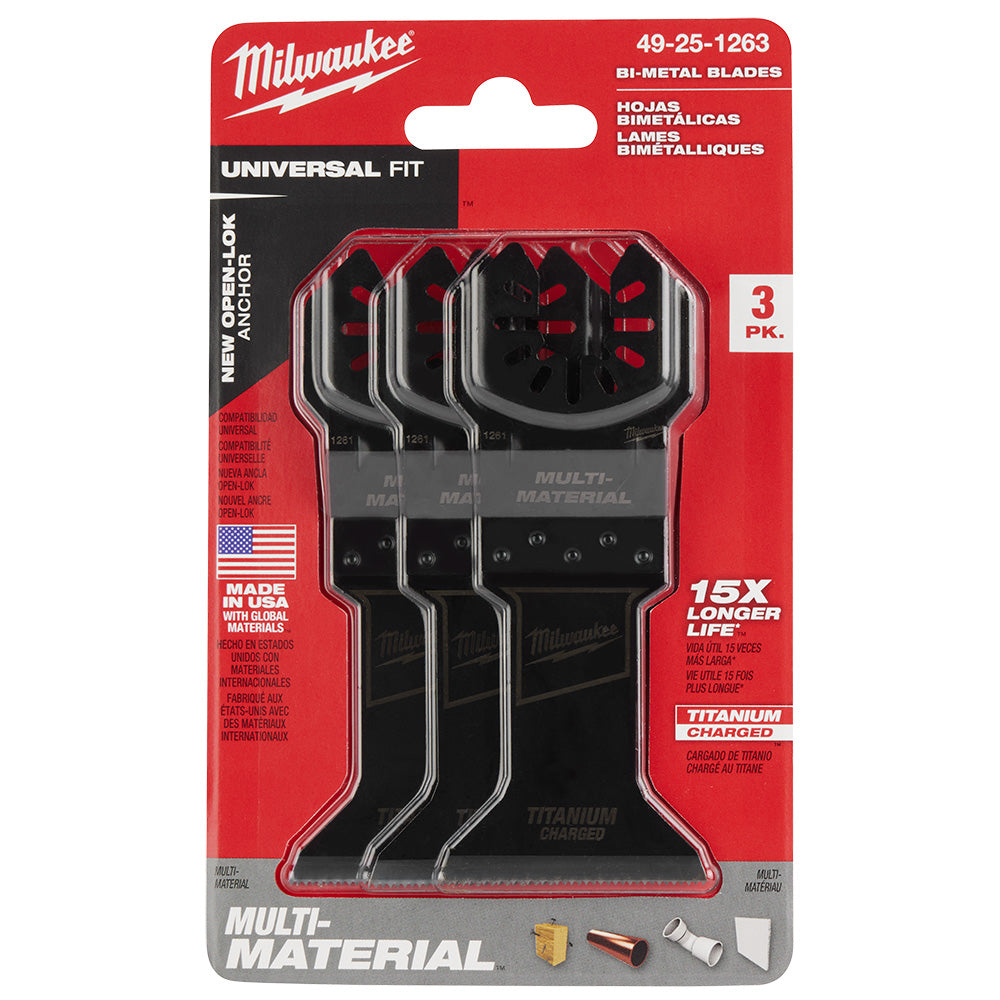 Milwaukee 49-25-1263 OPEN-LOK 1-3/4in Universal Fit Titanium Enhanced Bi-Metal Metal Cutting Multi-Tool Oscillating Blades - 3pk