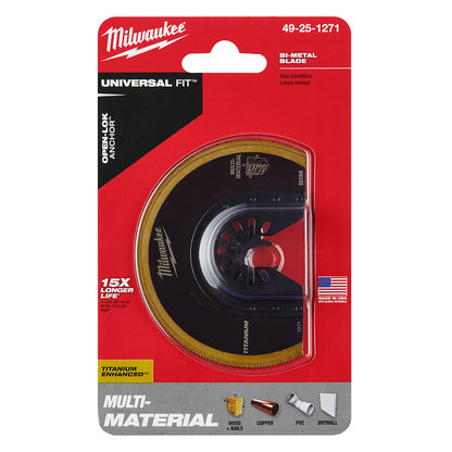 Milwaukee 49-25-1271 OPEN-LOK 3-1/2in Universal Fit Titanium Enhanced Bi-Metal Segmented Multi-Material Cutting Multi-Tool Oscillating Blade