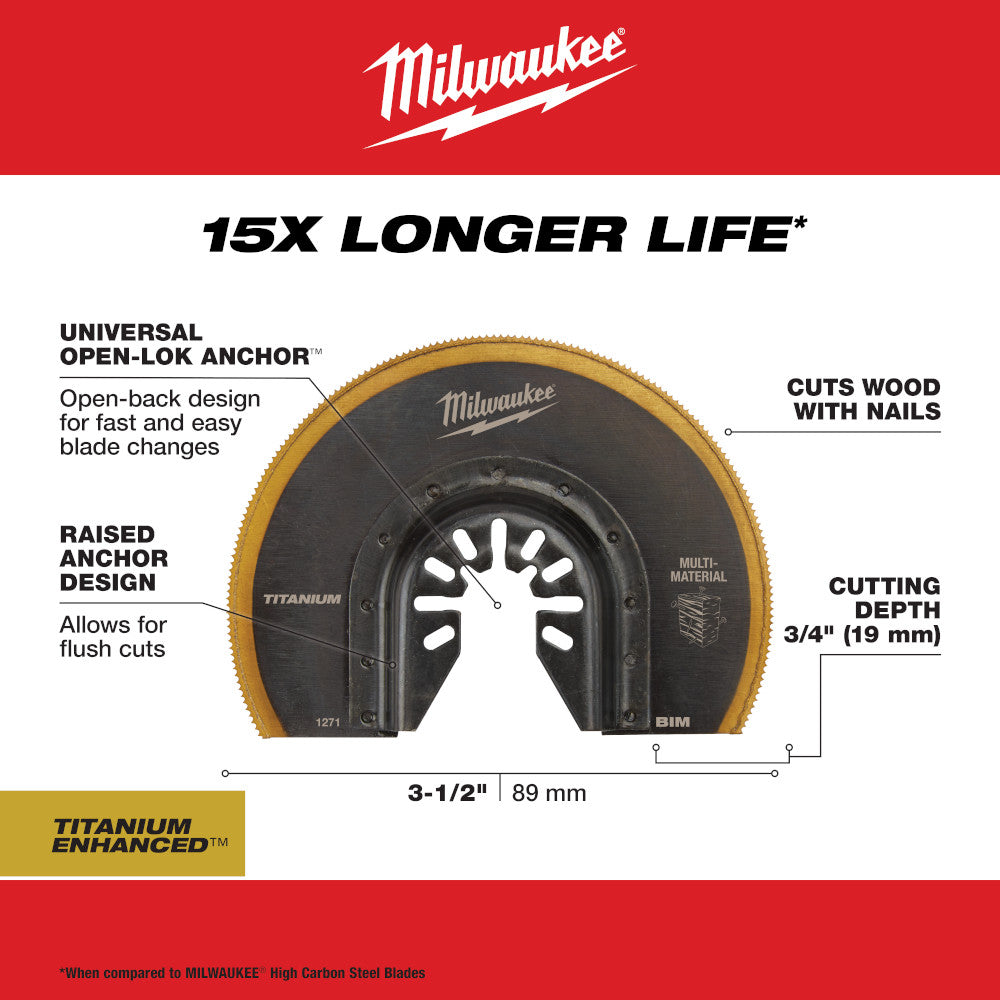 Milwaukee 49-25-1271 OPEN-LOK 3-1/2in Universal Fit Titanium Enhanced Bi-Metal Segmented Multi-Material Cutting Multi-Tool Oscillating Blade
