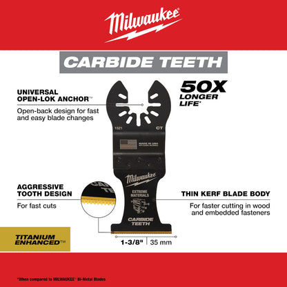 Milwaukee 49-25-1521 OPEN-LOK 1-3/8in Universal Fit Titanium Enhanced Carbide Teeth Multi-Material Cutting Multi-Tool Oscillating Blade