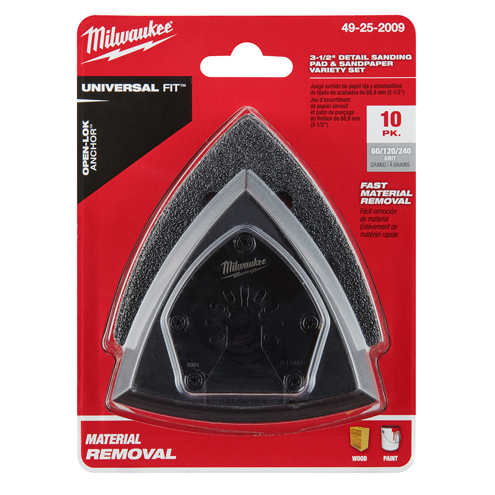 Milwaukee 49-25-2009 OPEN-LOK 10pc 3-1/2in Triangle Universal Fit Multi-Tool Oscillating Sanding Pad & Paper Set