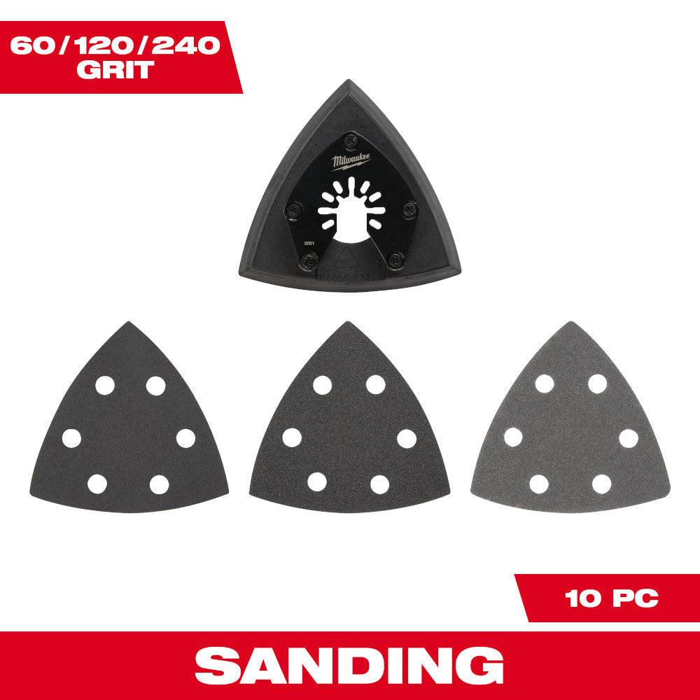 Milwaukee 49-25-2009 OPEN-LOK 10pc 3-1/2in Triangle Universal Fit Multi-Tool Oscillating Sanding Pad & Paper Set