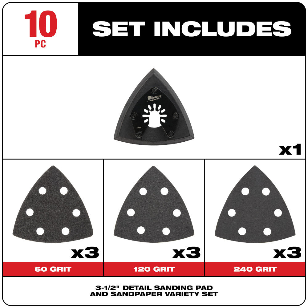 Milwaukee 49-25-2009 OPEN-LOK 10pc 3-1/2in Triangle Universal Fit Multi-Tool Oscillating Sanding Pad & Paper Set