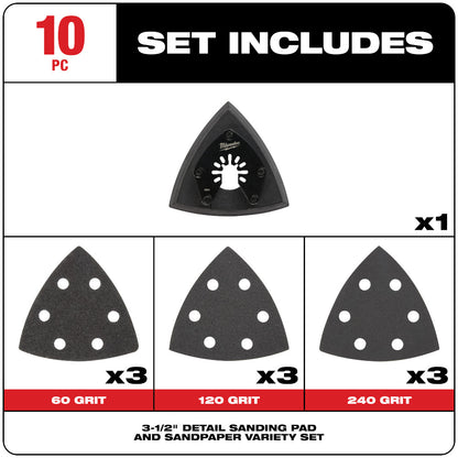 Milwaukee 49-25-2009 OPEN-LOK 10pc 3-1/2in Triangle Universal Fit Multi-Tool Oscillating Sanding Pad & Paper Set