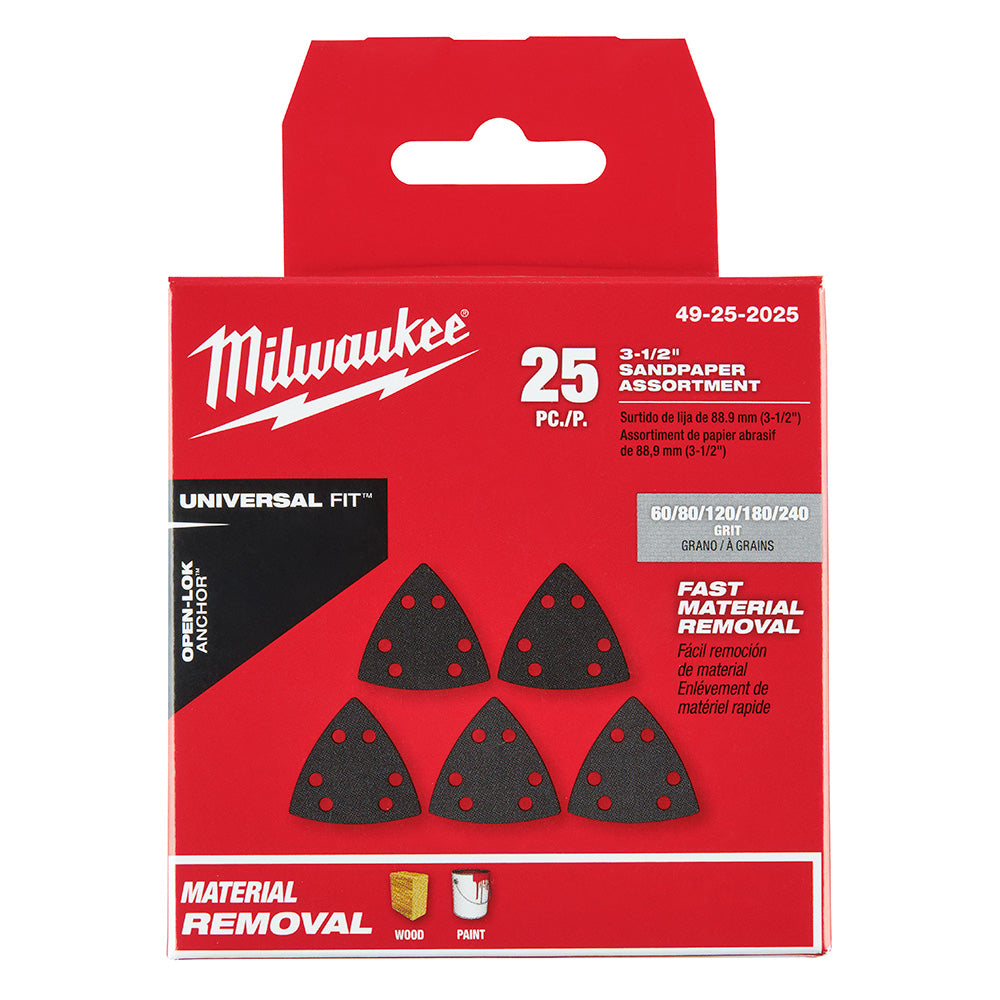 Milwaukee 49-25-2025 OPEN-LOK 25pc 3-1/2in Triangle Universal Fit Multi-Tool Oscillating Sanding Paper Set