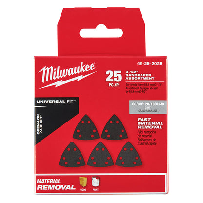 Milwaukee 49-25-2025 OPEN-LOK 25pc 3-1/2in Triangle Universal Fit Multi-Tool Oscillating Sanding Paper Set