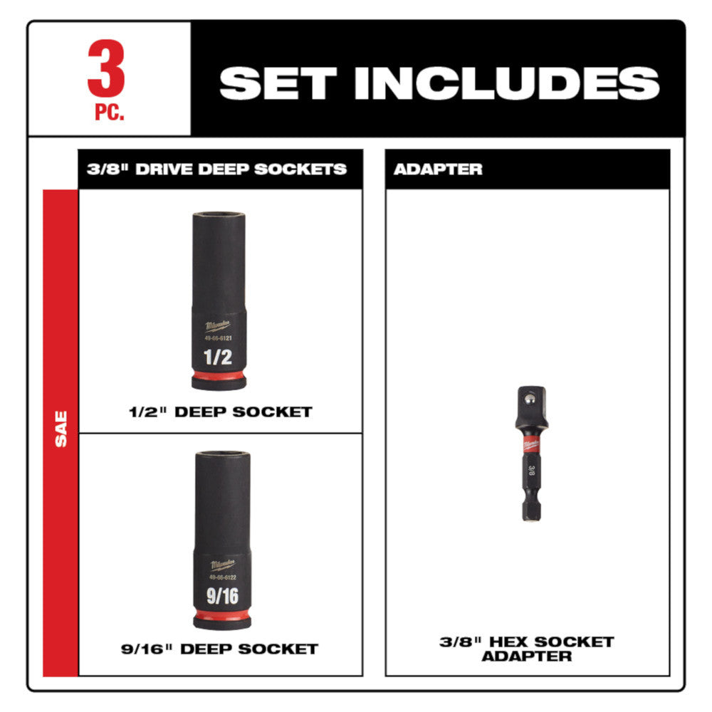 Milwaukee 49-66-4417 SHOCKWAVE Impact Duty 3pc 3/8in SAE Deep Well 6 Point Socket Set