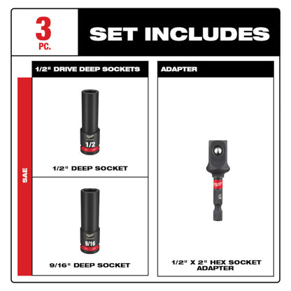 Milwaukee 49-66-4485 SHOCKWAVE Impact Duty 3pc 1/2in SAE Deep Well 6 Point Socket Set