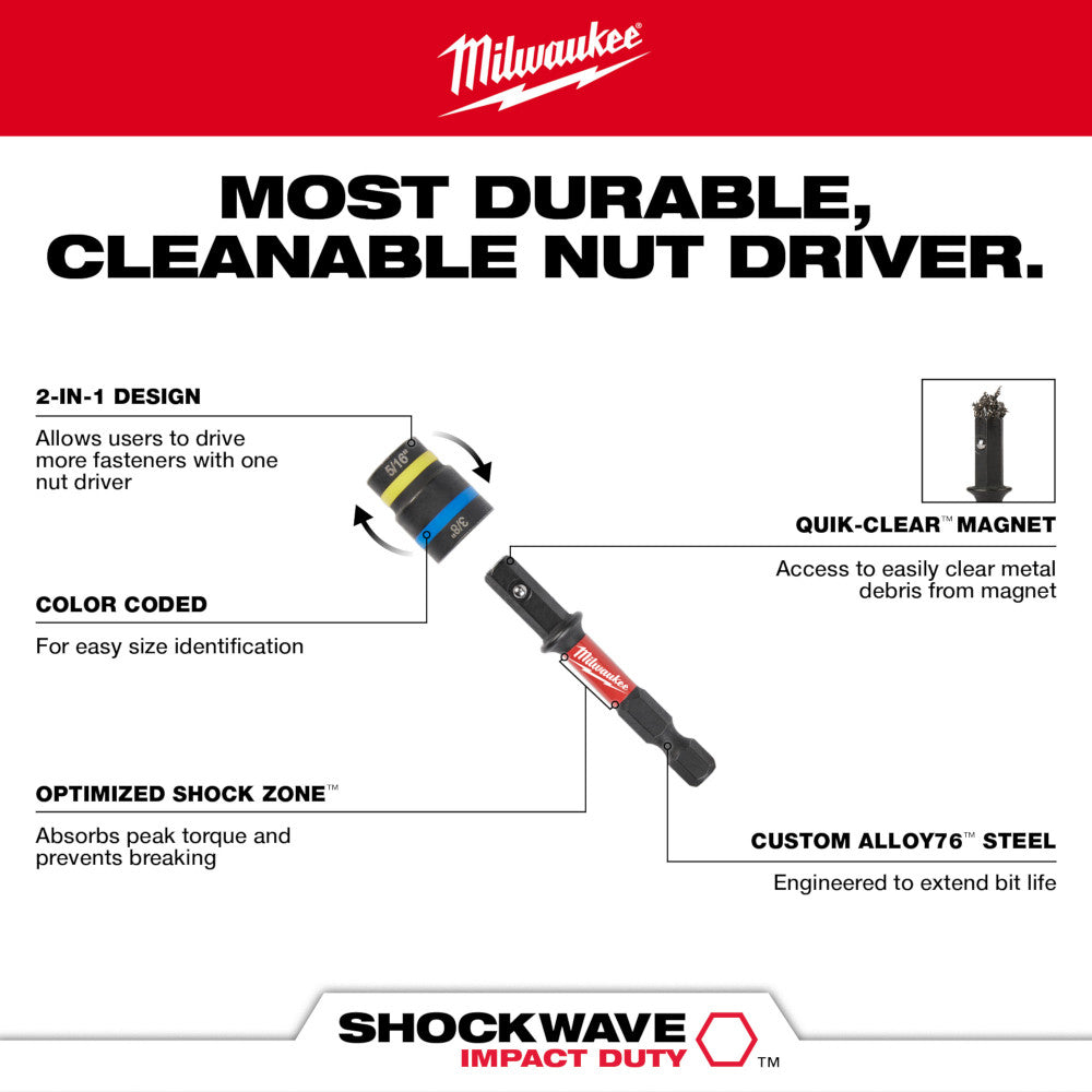 Milwaukee 49-66-4543 SHOCKWAVE Impact Duty 5/16in and 3/8in x 2-1/4in QUIK-CLEAR 2-in-1 Magnetic Nut Driver