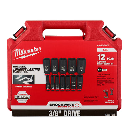 Milwaukee 49-66-7006 SHOCKWAVE Impact Duty 12pc 3/8in SAE Deep 6 Point Socket Set