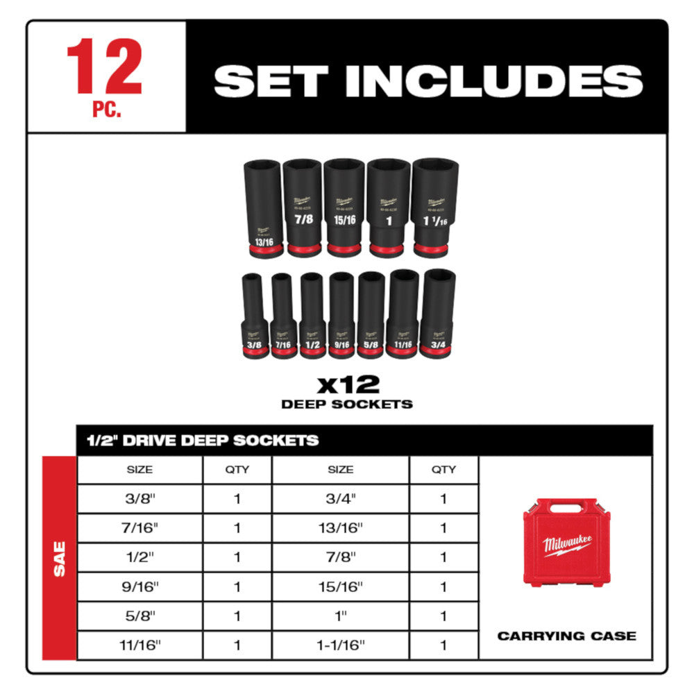 Milwaukee 49-66-7011 SHOCKWAVE Impact Duty 12pc 1/2in SAE Deep 6 Point Socket Set