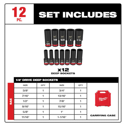 Milwaukee 49-66-7011 SHOCKWAVE Impact Duty 12pc 1/2in SAE Deep 6 Point Socket Set