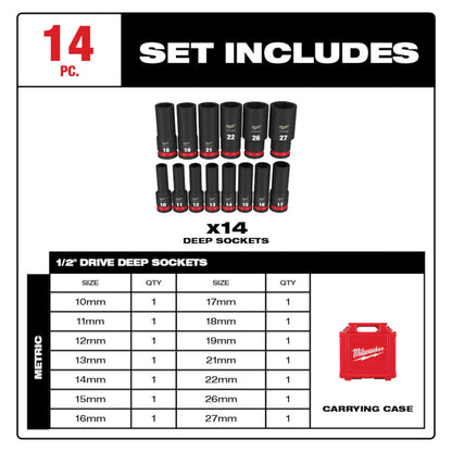 Milwaukee 49-66-7014 SHOCKWAVE Impact Duty 14pc 1/2in Metric Deep 6 Point Socket Set