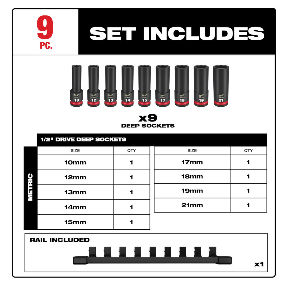 Milwaukee 49-66-7032 SHOCKWAVE Impact Duty 9pc 1/2in Metric Deep 6 Point Socket Set