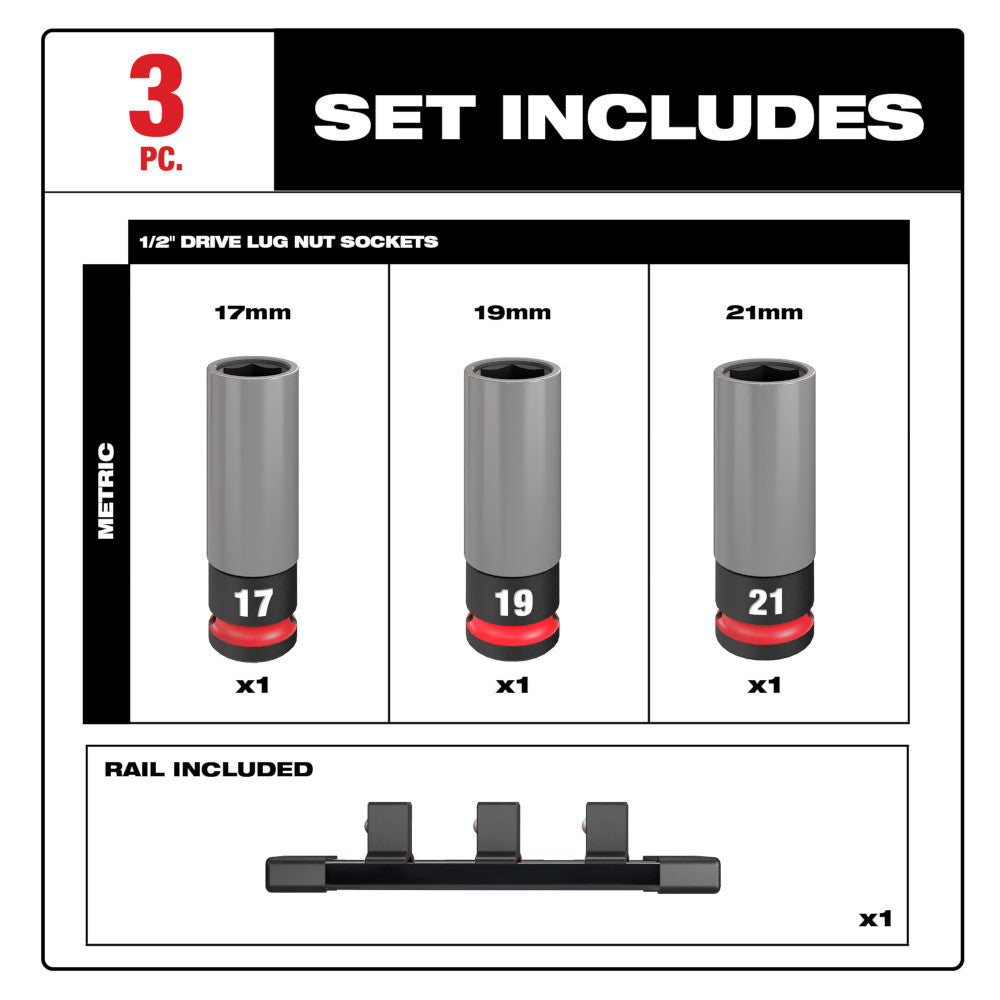 Milwaukee 49-66-7830 SHOCKWAVE Impact Duty 1/2 Drive Metric 3PC Lug Nut Wheel Socket Set