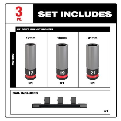 Milwaukee 49-66-7830 SHOCKWAVE Impact Duty 1/2 Drive Metric 3PC Lug Nut Wheel Socket Set