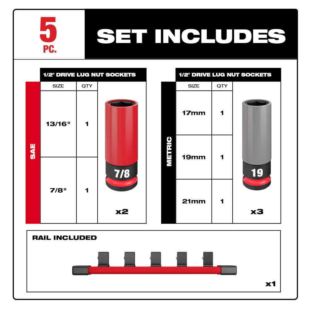 Milwaukee 49-66-7831 SHOCKWAVE Impact Duty 5pc 1/2in SAE/Metric Lug Nut Wheel Socket Set
