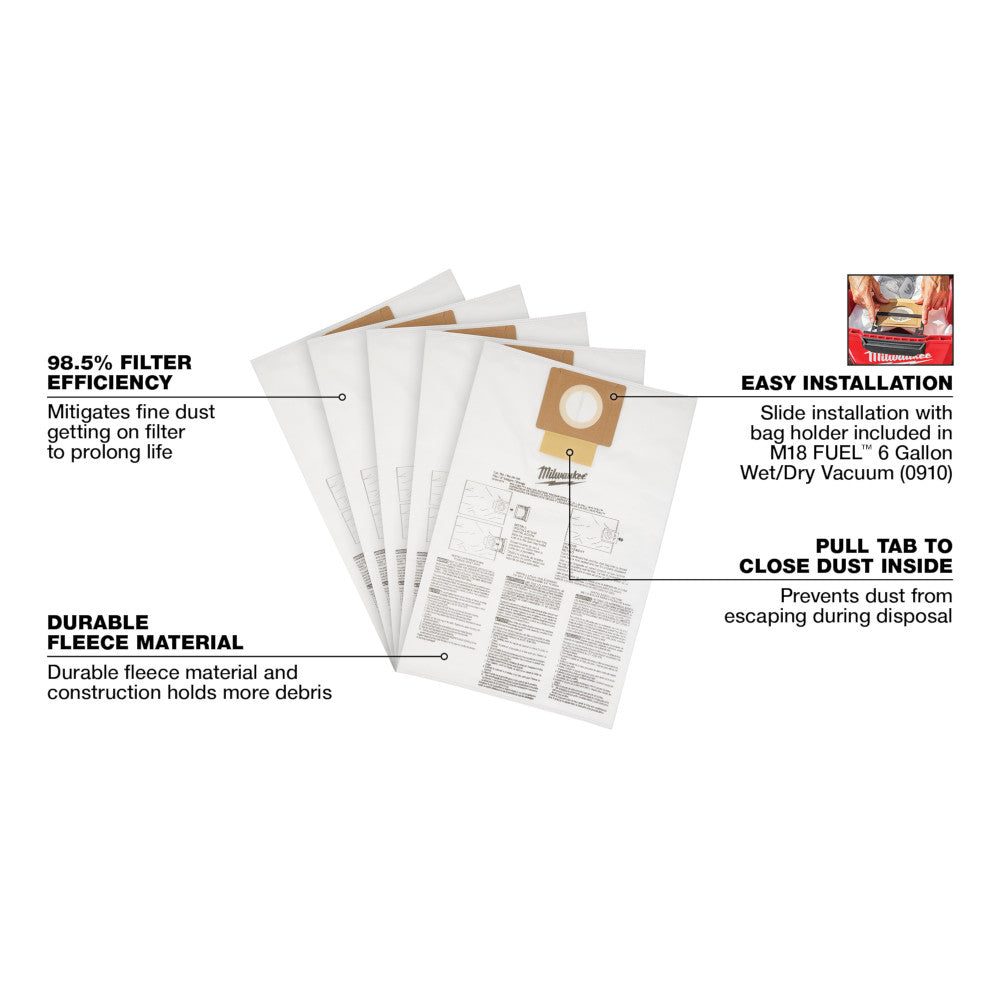 Milwaukee 49-90-1979 6 Gallon Wet/Dry Vacuum Fleece Dust Bags - 5pk