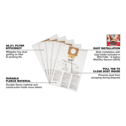 Milwaukee 49-90-1979 6 Gallon Wet/Dry Vacuum Fleece Dust Bags - 5pk