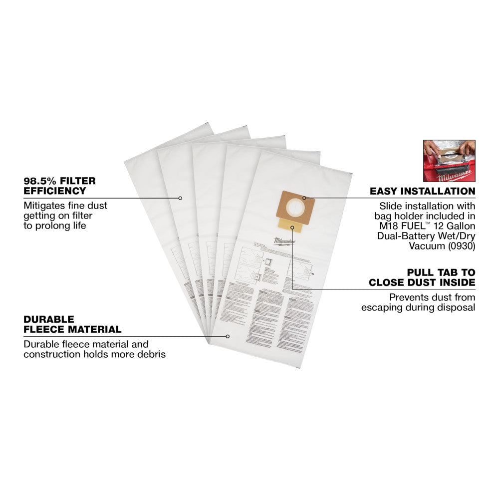 Milwaukee 49-90-1999 12 Gallon Wet/Dry Vacuum Fleece Dust Bags - 5pk