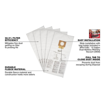Milwaukee 49-90-1999 12 Gallon Wet/Dry Vacuum Fleece Dust Bags - 5pk