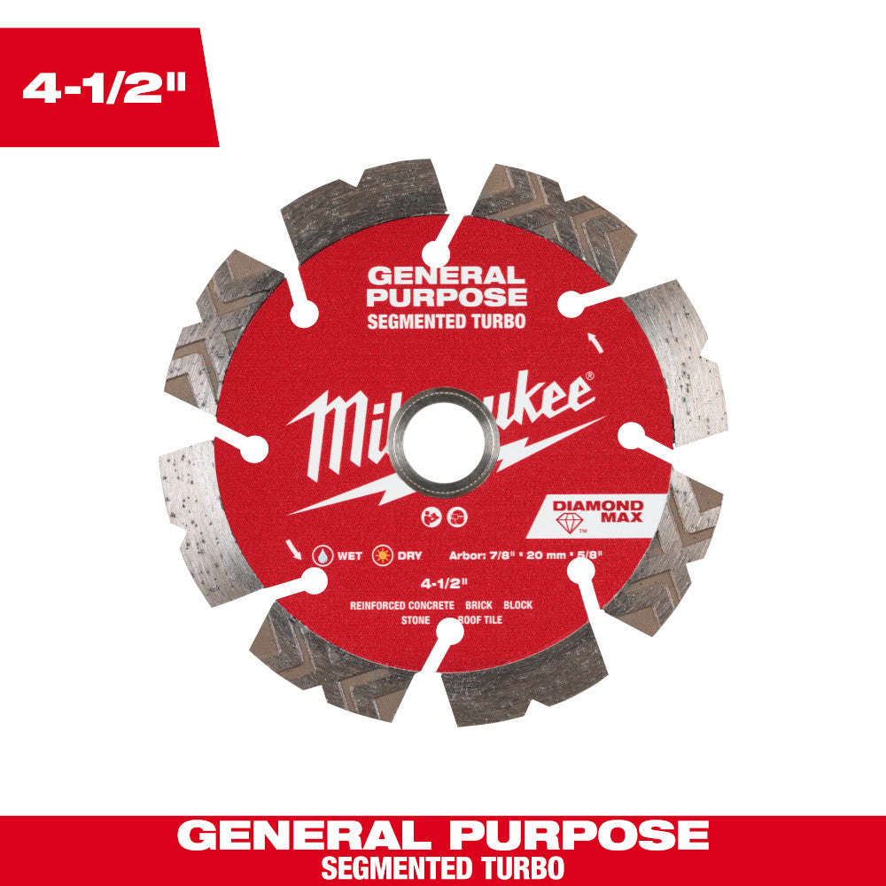 Milwaukee 49-93-9004 DIAMOND MAX General Purpose 4-1/2in Segmented Turbo Diamond Blade