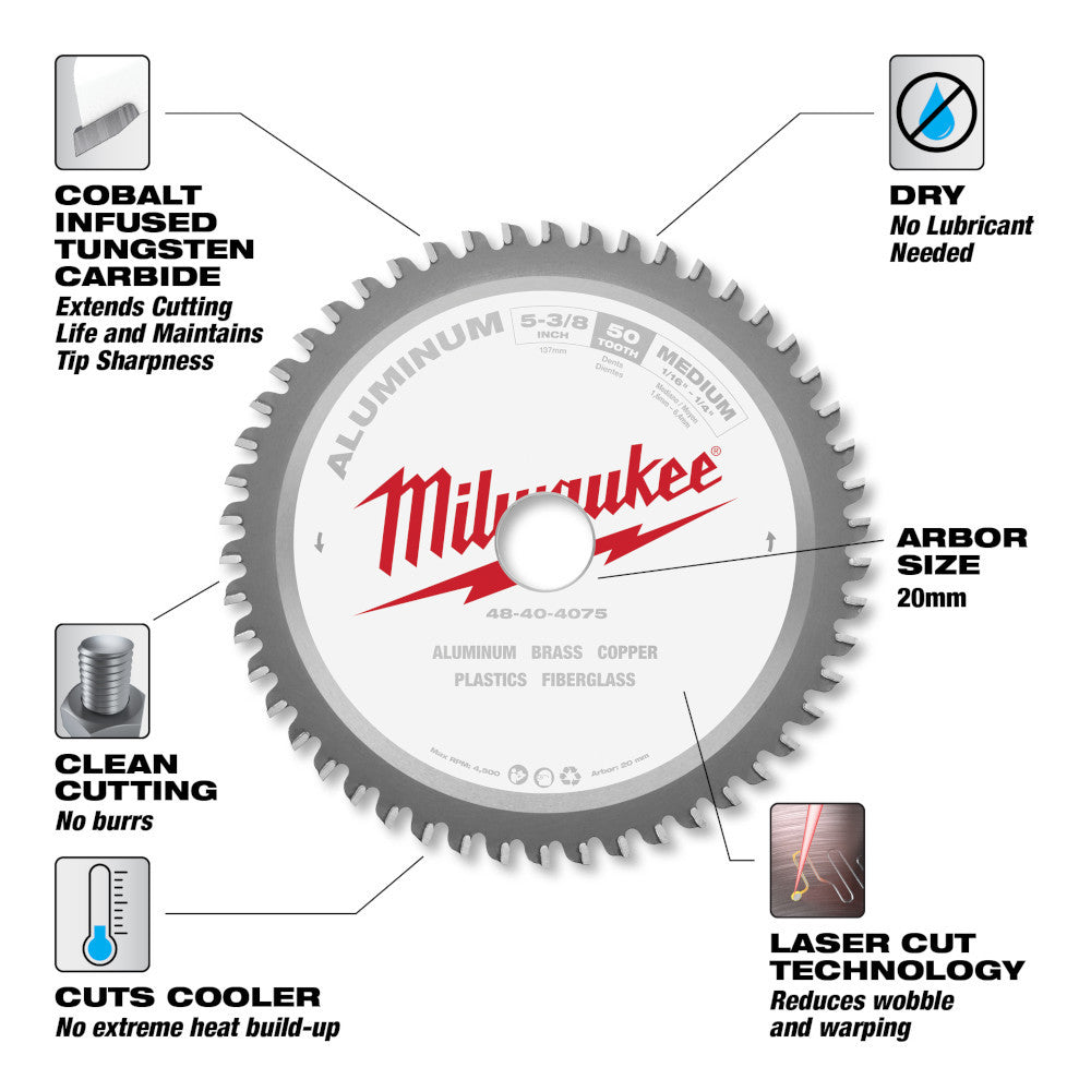 Milwaukee 48-40-4075 5-3/8in x 50T Non-Ferrous Metal & Aluminum Cutting Circular Saw Blade