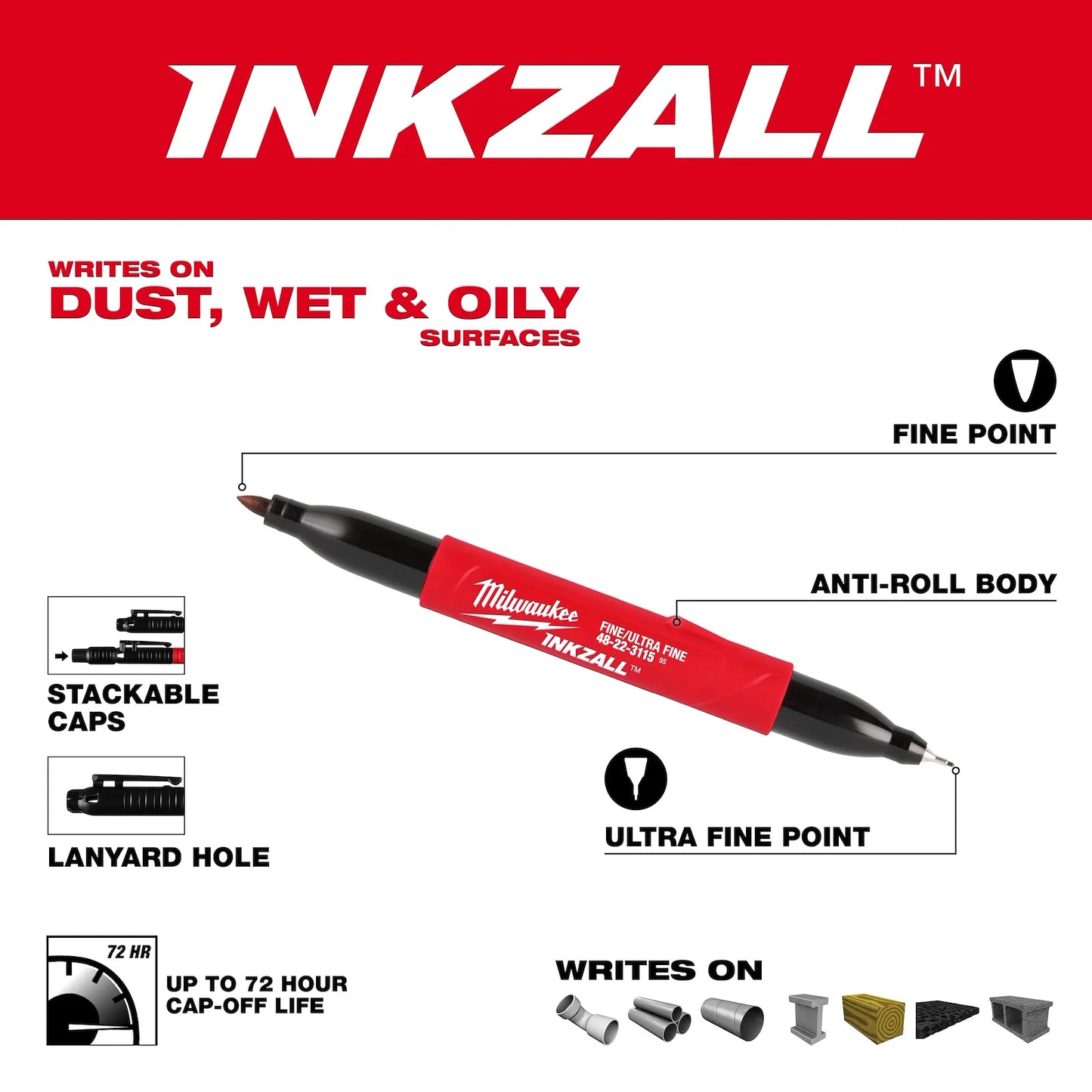 Milwaukee INKZALL™ 48-22-3115 Double Sided Black Jobsite Marker – Ultra Fine & Fine Point