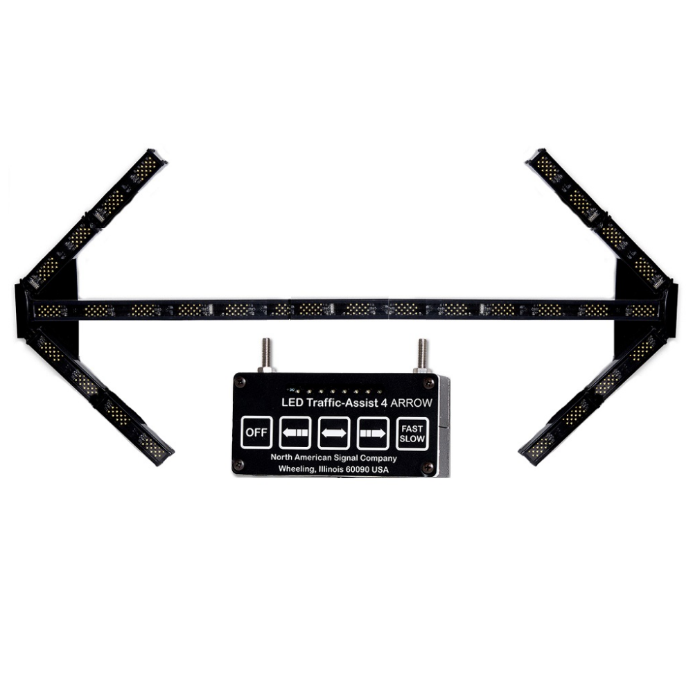 60-inch LED traffic assist arrow shown with its dedicated 16-mode sequencing control unit.