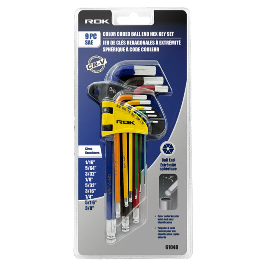 9-Piece SAE Color-Coded Long Ball End Hex Key Set