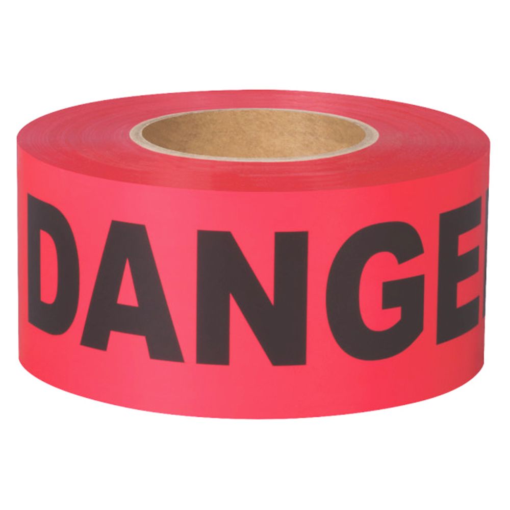 A single roll of high-visibility red barricade tape with the word DANGER printed in bold black lettering on a clean white background