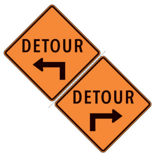Detour Left Ahead or Right Ahead Arrow – (Double Sided) Aluminum Sign - 75x75cm and 120x120cm